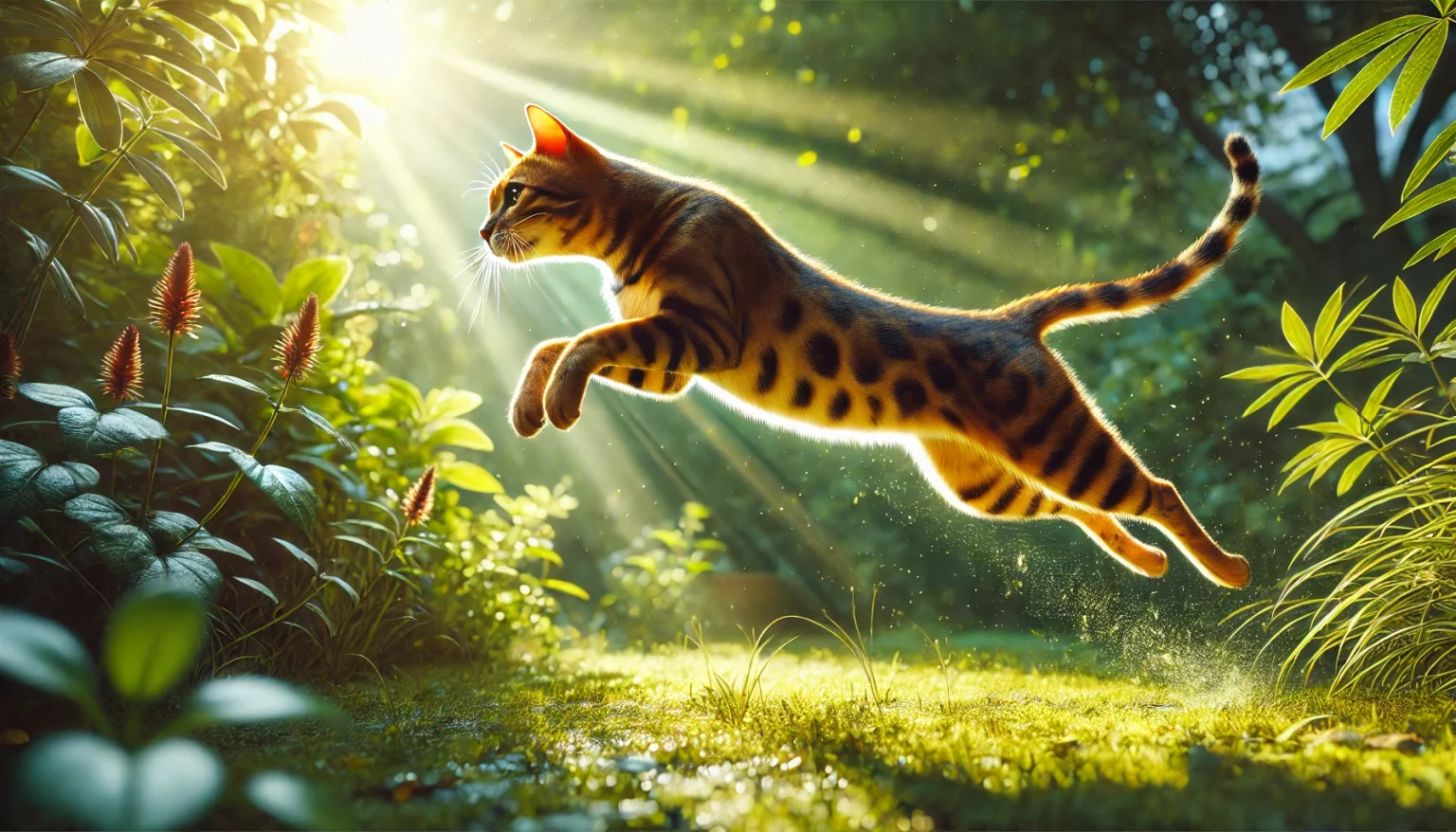 Gato Bengalí saltando en un lugar lleno de maleza