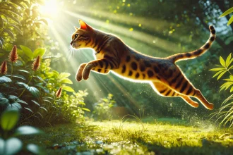 Gato Bengalí saltando en un lugar lleno de maleza