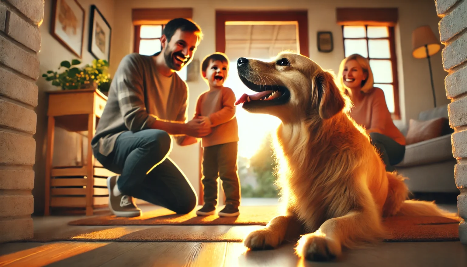 Perros felices al lado de una familia dentro de la casa