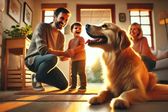 Perros felices al lado de una familia dentro de la casa