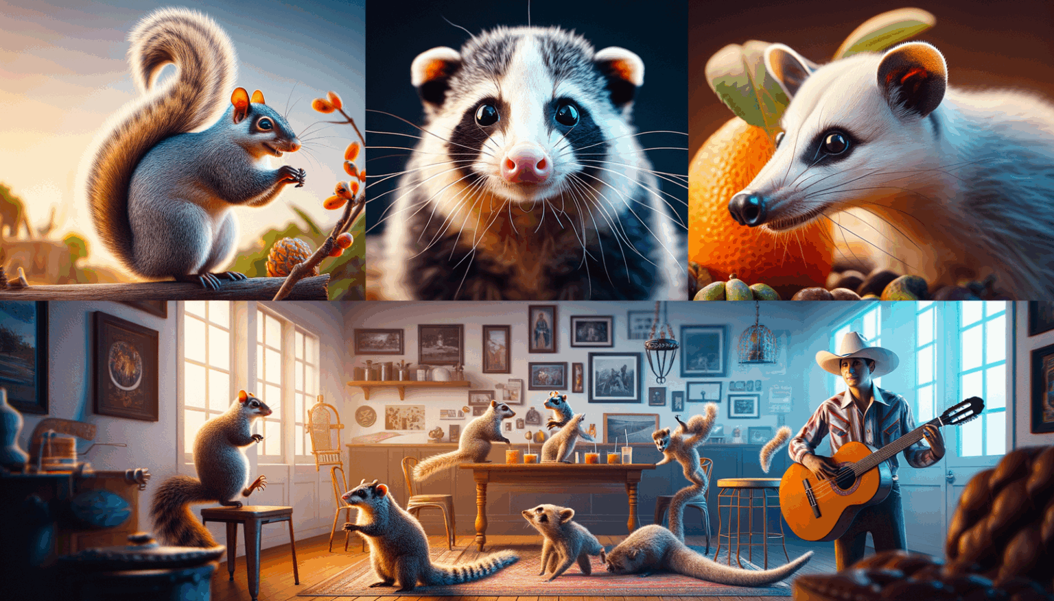 Collage de ardilla, tlacuache y coatí en un hogar, representando animales nativos de mexico como mascotas legales.