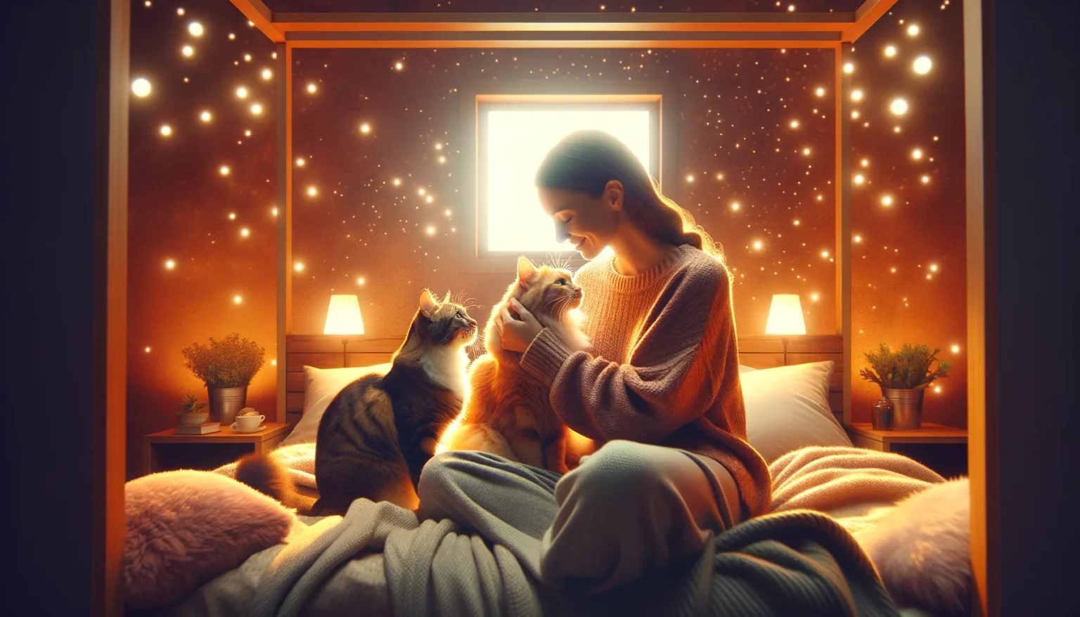 Gatos cariñosos con su dueña en una recámara reconfortante, mostrando afecto y calidez.
