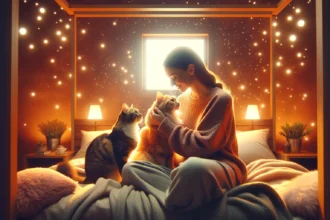 Gatos cariñosos con su dueña en una recámara reconfortante, mostrando afecto y calidez.