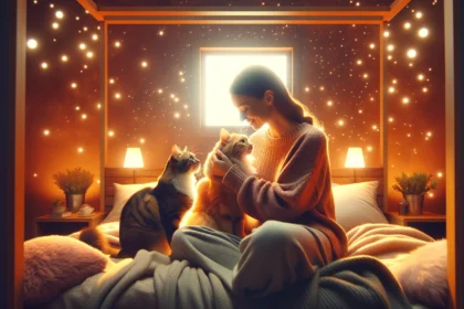 Gatos cariñosos con su dueña en una recámara reconfortante, mostrando afecto y calidez.