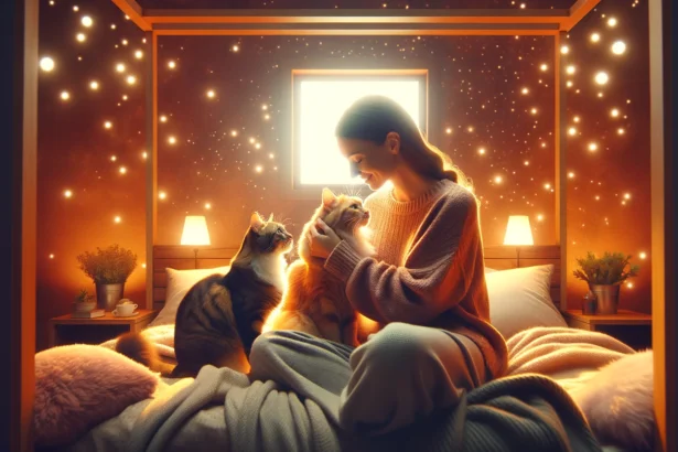 Gatos cariñosos con su dueña en una recámara reconfortante, mostrando afecto y calidez.