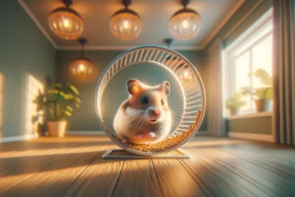 Hámster como mascota en su corredor circular dentro de una sala, disfrutando de su espacio y ejercicio en casa.
