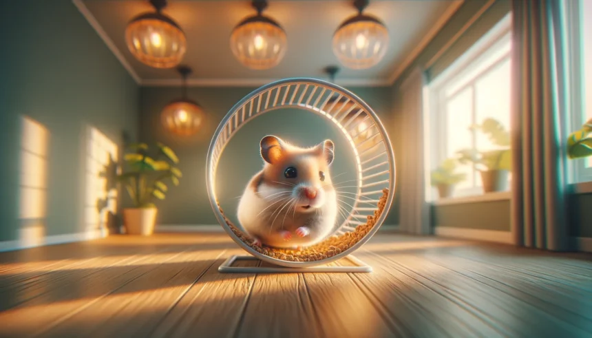 Hámster como mascota en su corredor circular dentro de una sala, disfrutando de su espacio y ejercicio en casa.