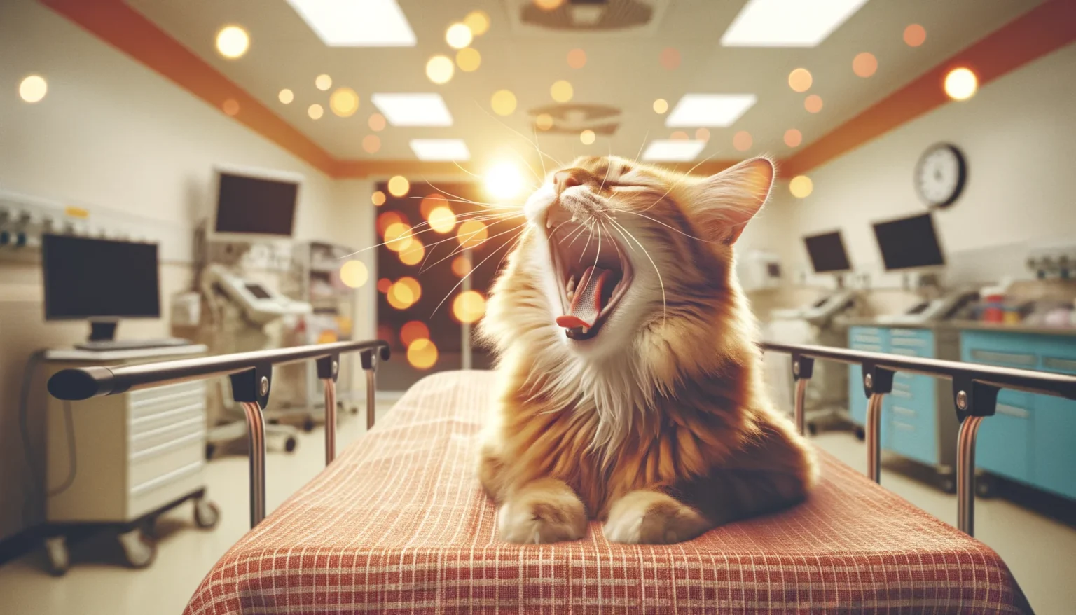 Gato caricaturesco gritando en cama de emergencias, símbolo de la peritonitis infecciosa felina.
