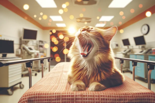 Gato caricaturesco gritando en cama de emergencias, símbolo de la peritonitis infecciosa felina.