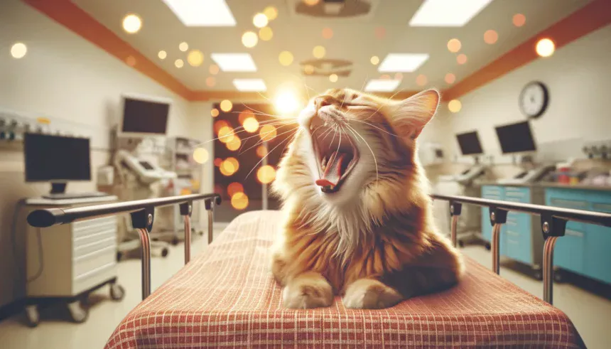 Gato caricaturesco gritando en cama de emergencias, símbolo de la peritonitis infecciosa felina.